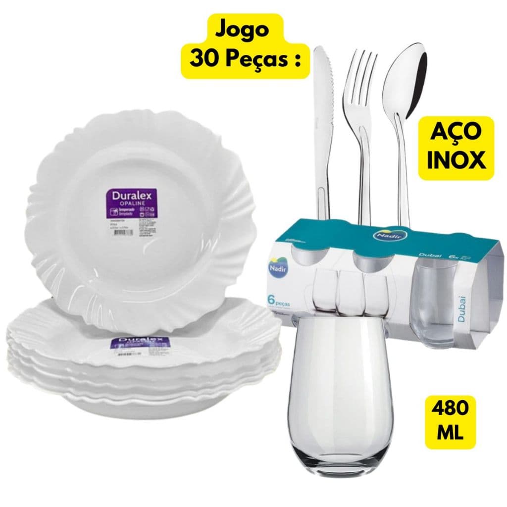 Aparelho 30 Peças Jantar 06 Pratos Fundo Pétala+06 Copos+18 Talheres Oriente Aço Inox Original Line
