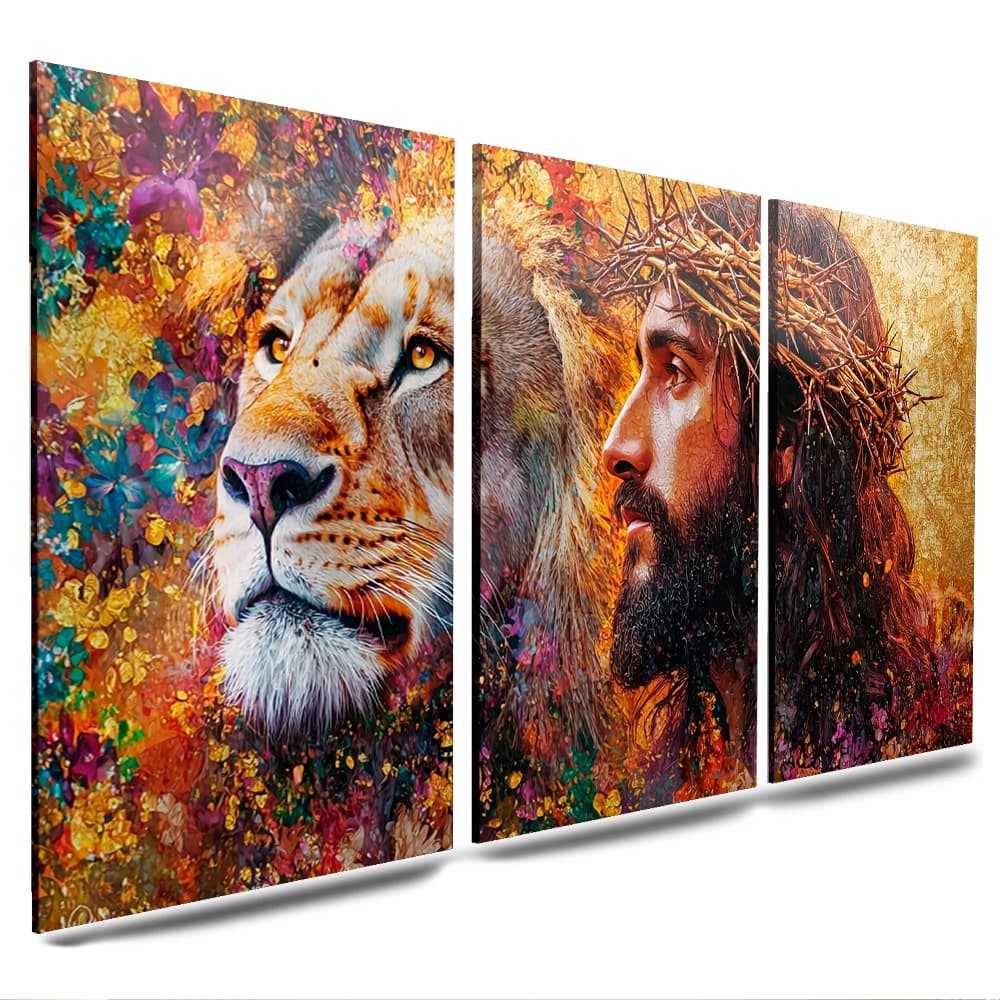 kit quadros 3 partes Jesus Cristo e Leão de Judá pintura flores rosas para sala igrejas quartos(LJ PINTURA)