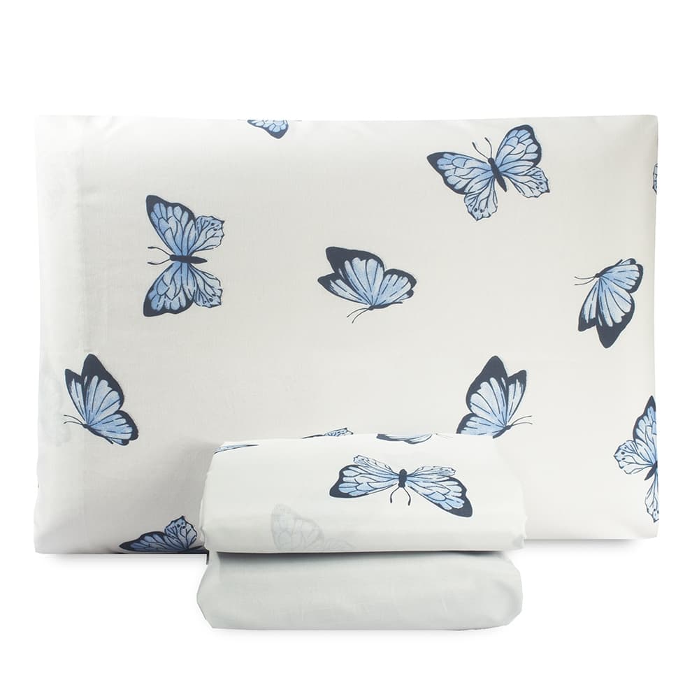 Jogo de Lençol Borboleta Kit Cama Solteiro 03 Peças Quarto Branco Azul Com Elástico