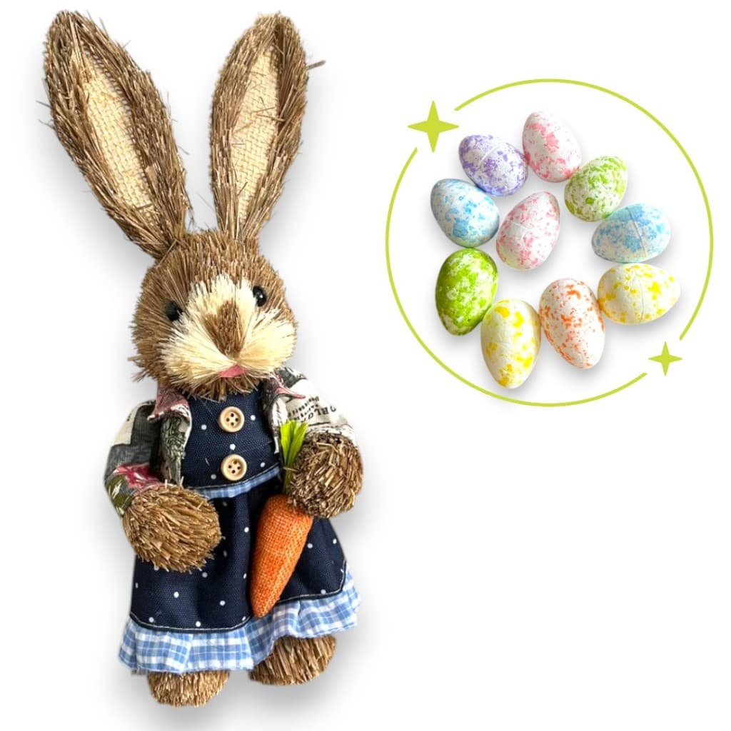 Coelhinha da Páscoa em Palha com  Vestido e Cenourinha 35cm + Ovinhos Sortidos Decoração de Páscoa Coelho