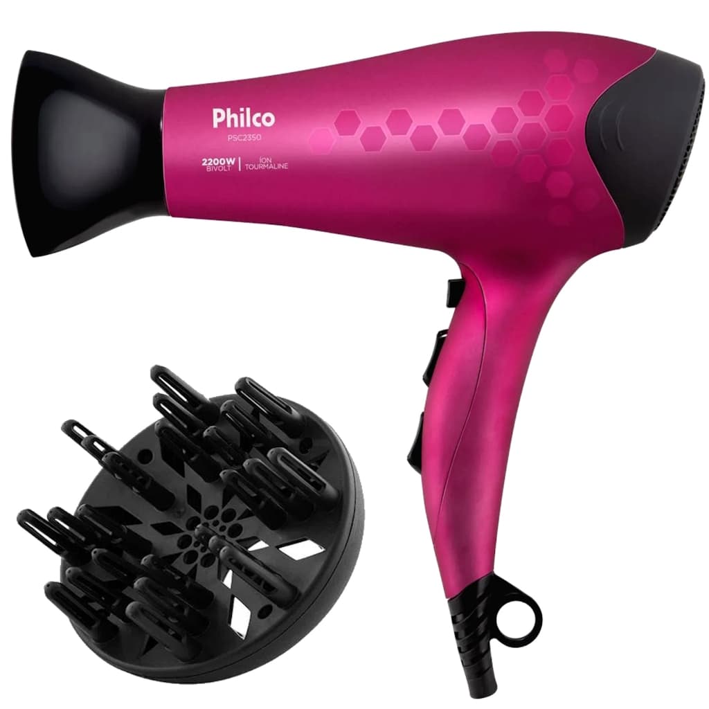 Secador De Cabelo Philco Profissional 2200w Ions Ar Quente Frio Stilo Bivolt Com Difusor De Cachos