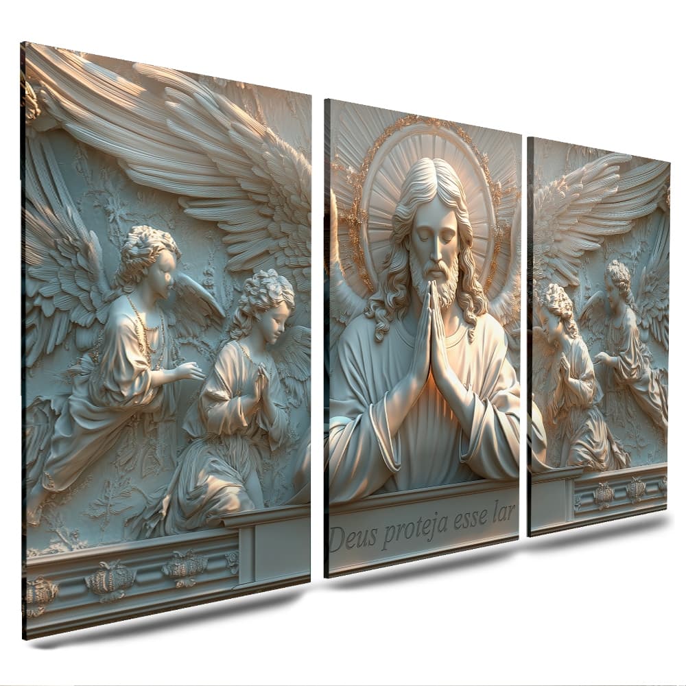 kit quadros decorativos 3 peças Jesus e anjos frase Deus proteja esse lar (JESUS ANJOS)