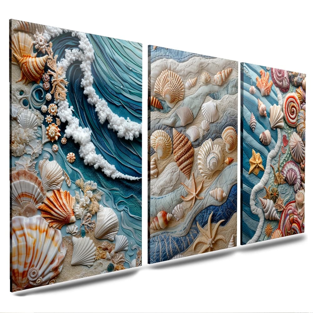 quadros decorativos 3 peças praia conchas coral aguas azul mar (CONCHA)