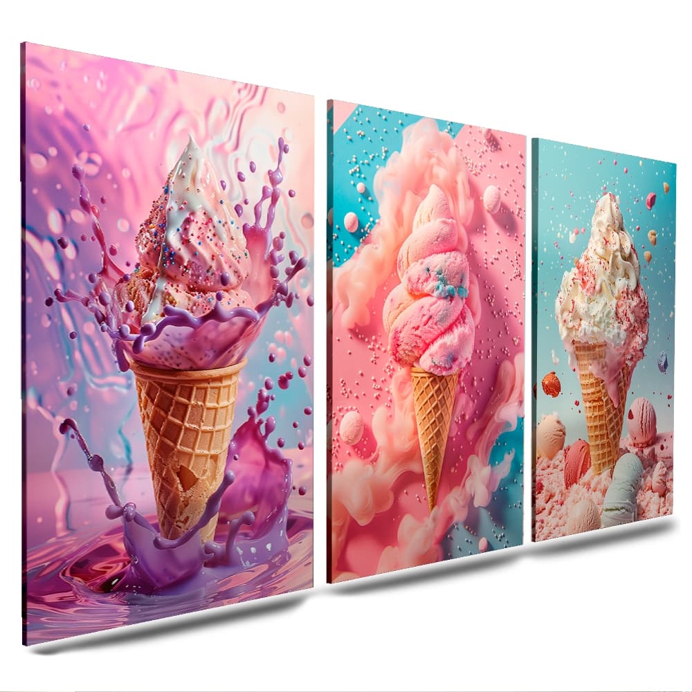 kit quadros decorativos para sorveteria 3 peças sorvetes casquinhas (SORVETE CALDA)