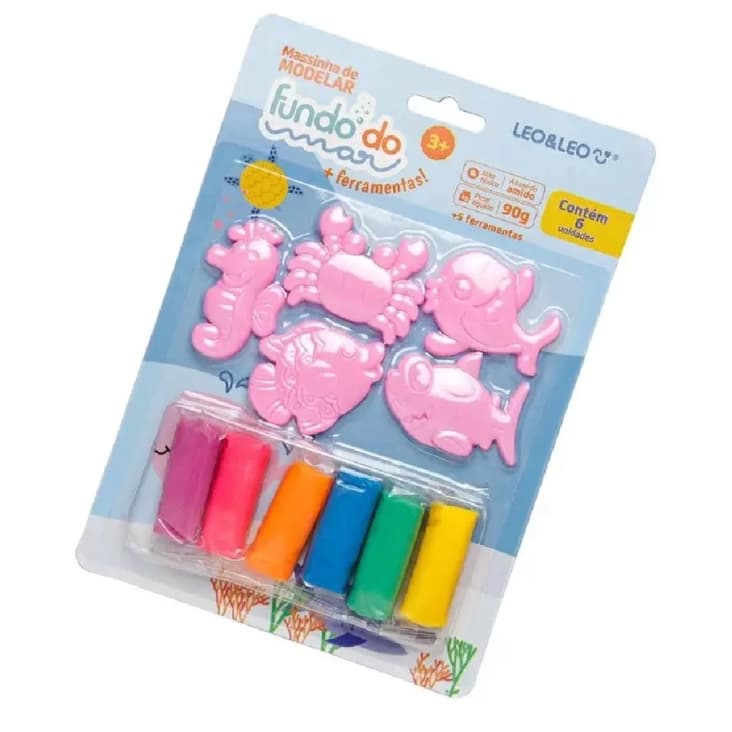 Kit Massa De Modelar Fundo do Mar Blister com 6 Cores mais 5 Moldes Leo&Leo Brincar Brinquedo Educacional