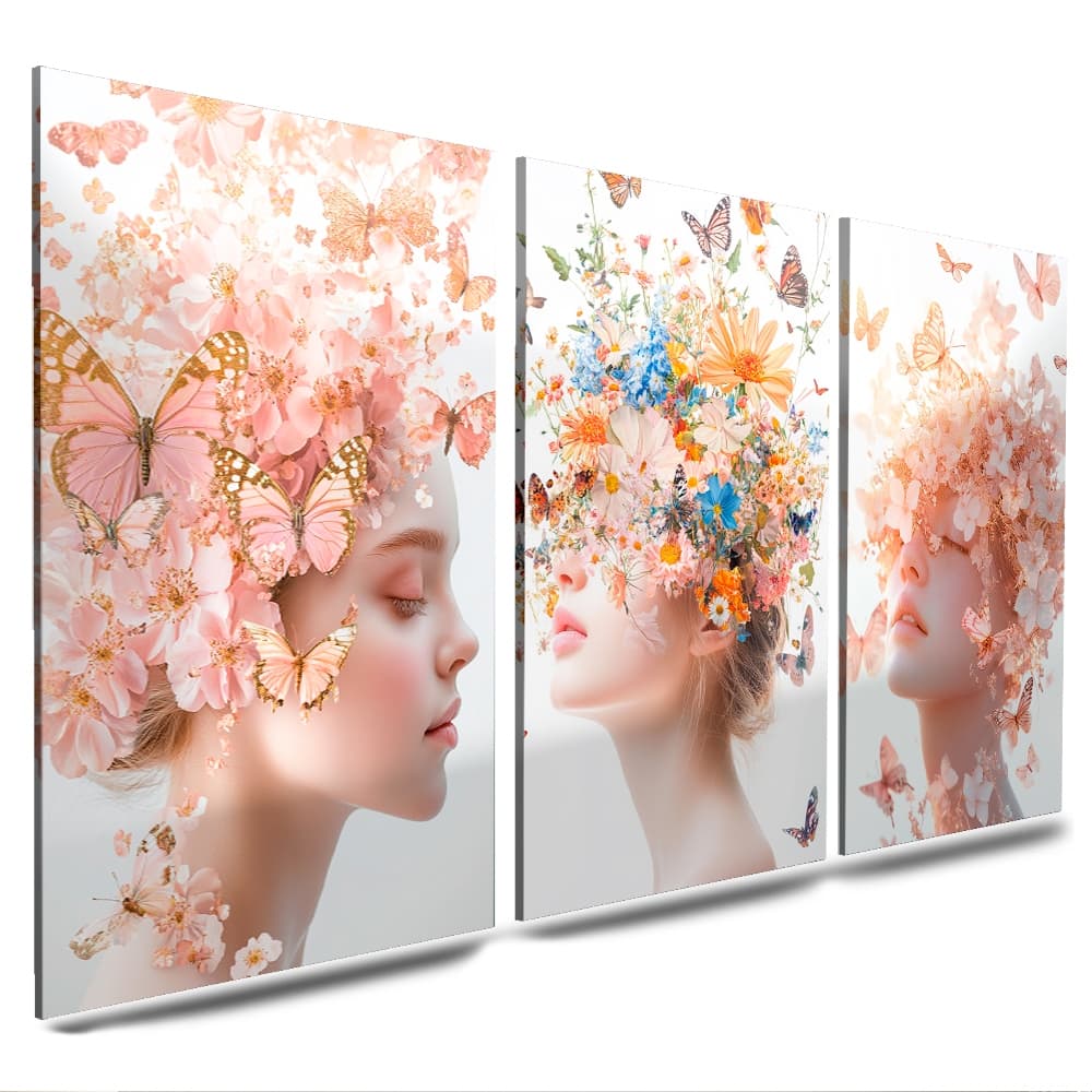 Quadros 3 Peças Mulheres Flores Rosa Para Salão De Beleza Maquiagem Decoração Moderna (m. borboleta)