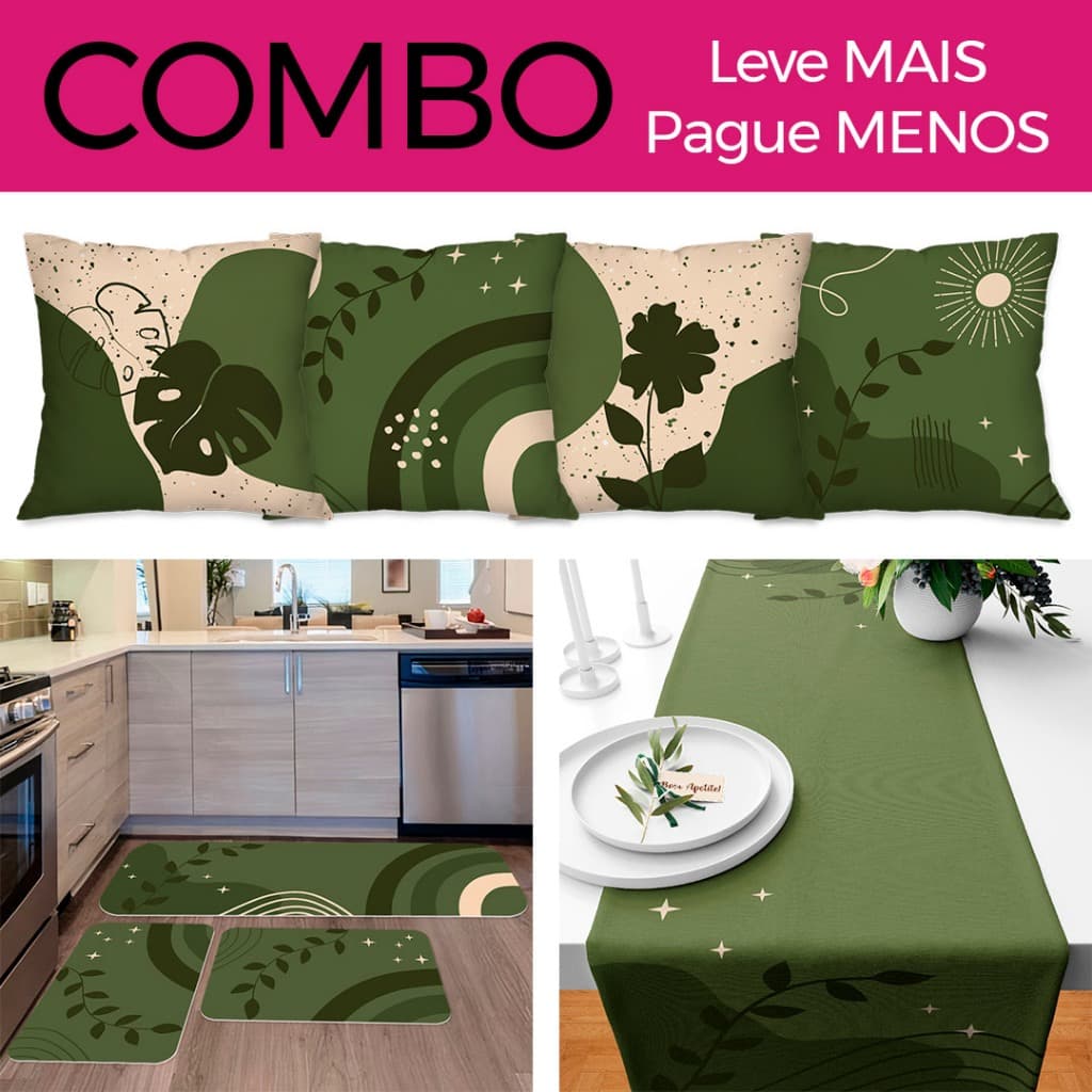 COMBO: KIT 04 CAPAS DE ALMOFADAS + KIT 3 TAPETES DE COZINHA + TRILHO DE MESA - ESSÊNCIA VERDE