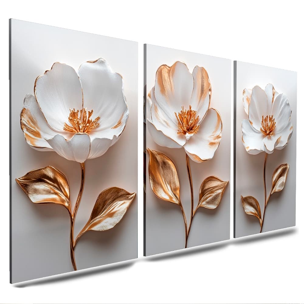 kit quadros 3 peças flores tulipas rosas brancas delicadas dourada(TULIPA MANCHA DOURADA)