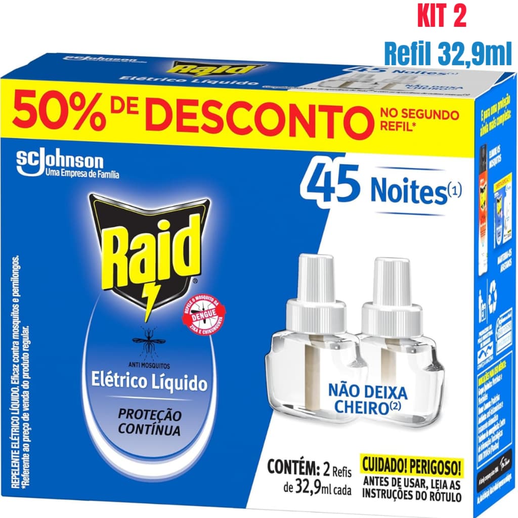 Kit 2 RAID Refil Elétrico de 32,9 ml Cada - Repelente de Mosquistos Até 45 Noites cada
