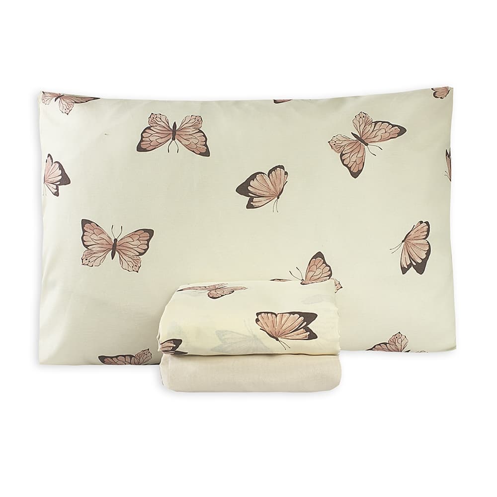 Kit Borboleta Rosa Jogo de Lençol Cama Solteiro Com Elástico e Cobrir 03 Peças Quarto Palha Bege