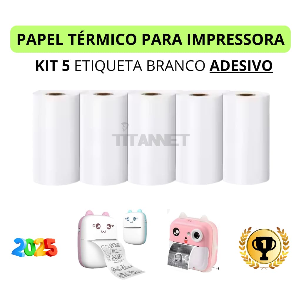 Kit 5 Bobina Etiqueta Térmica Adesiva 57x30mm Branco Rolo Para Mini Impressora Portátil