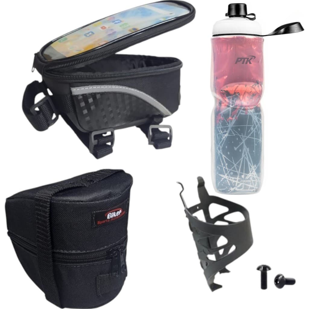 Garrafa Caramanhola +suporte+bolsa Selim+porta Celular Bike