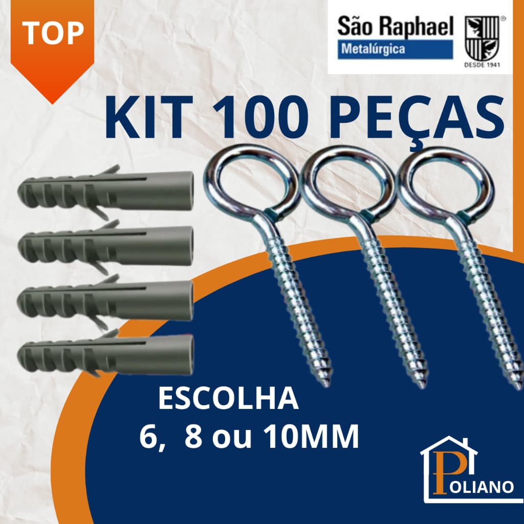 Kit de Gancho Fechado Pitão e Bucha para Fixação de 6, 8 ou 10 mm - 100 peças - São Raphael
