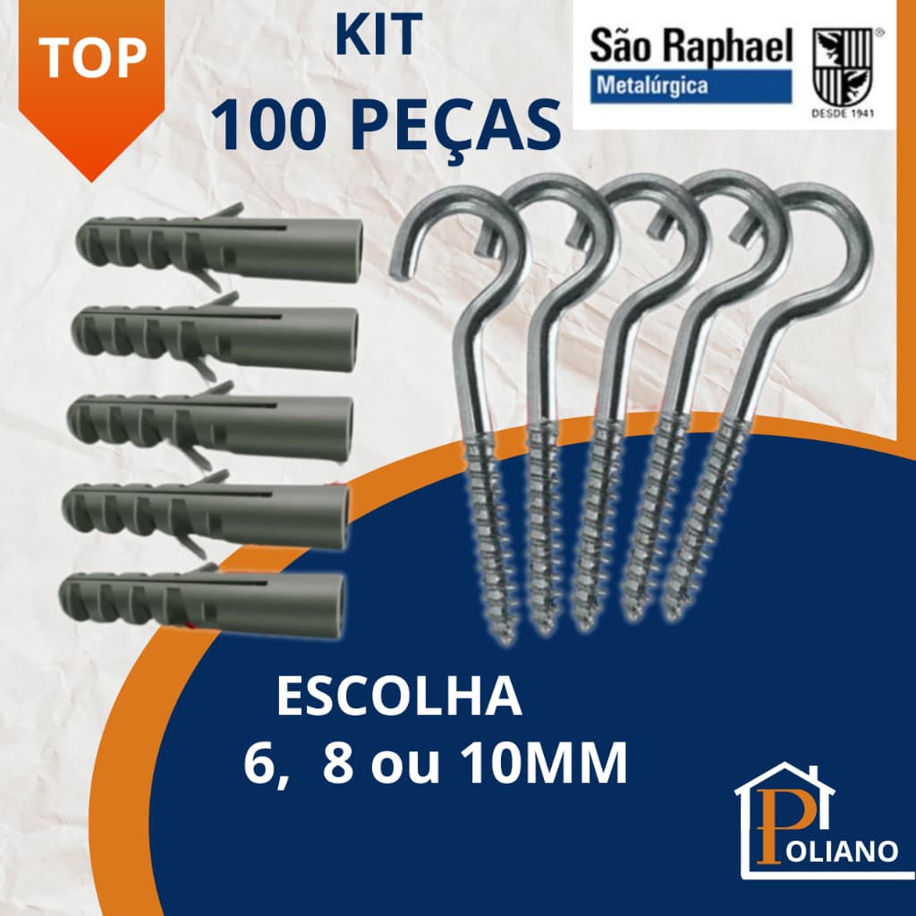 Kit de Gancho Aberto e Bucha para Fixação de 6, 8, 10mm - 50 ganchos + 50 buchas - São Raphael