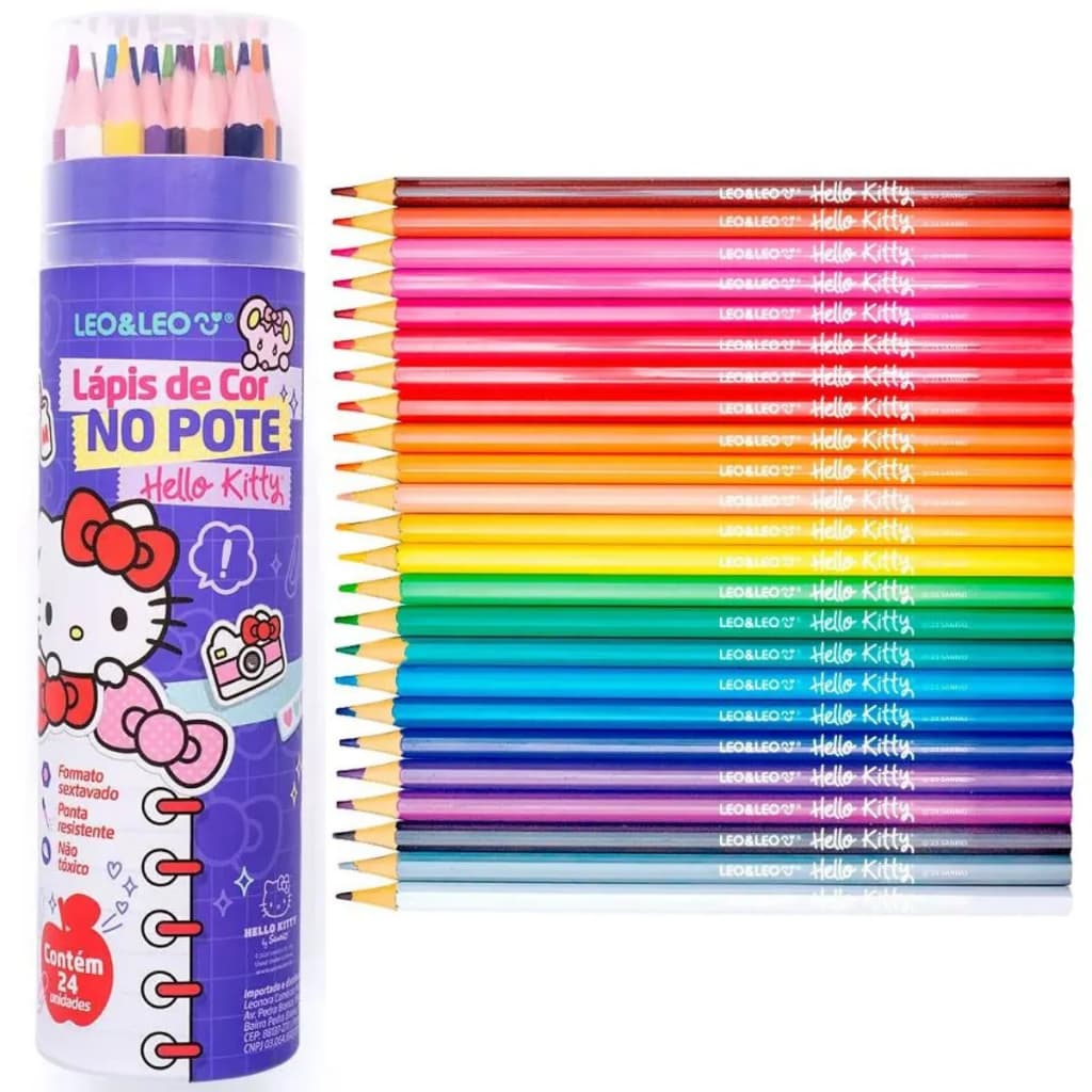 Lápis de Cor no Pote 24 Cores Hello Kitty - Lápis 24 Cores Hello Kitty Leo e Leo