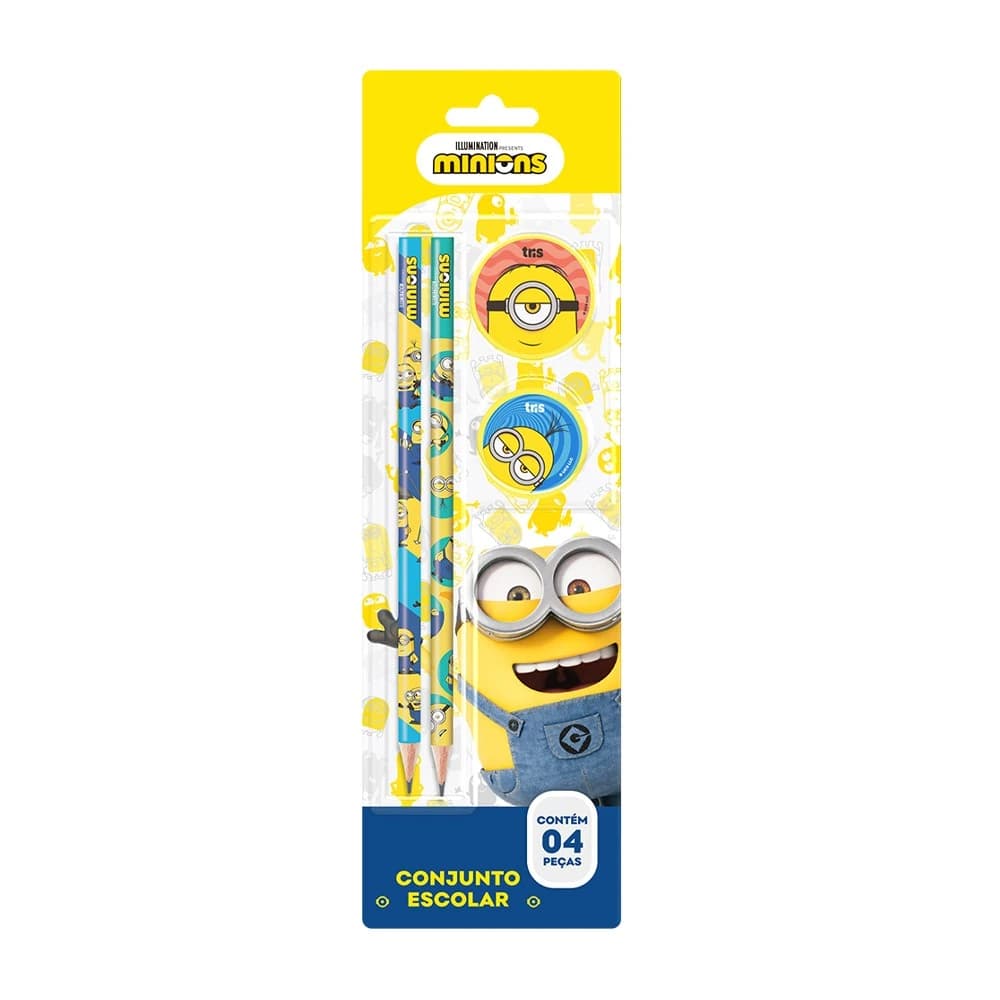 Kit Escolar Minions - Kit com 2 Lápis HB + 1 Apontador + Borracha Minions