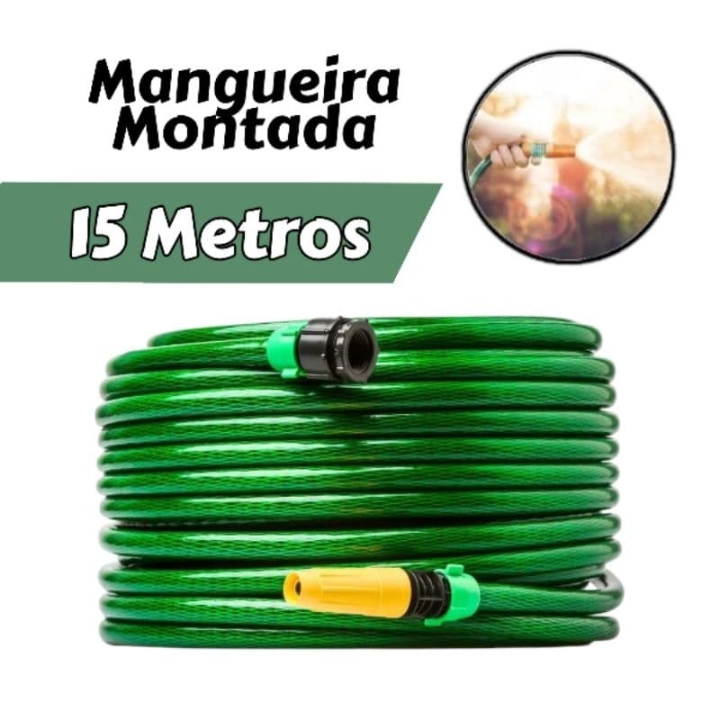 Mangueira De Jardim 15 Metros Reforçada Trançada Flexível Pronta com Esguicho + União uso Casa