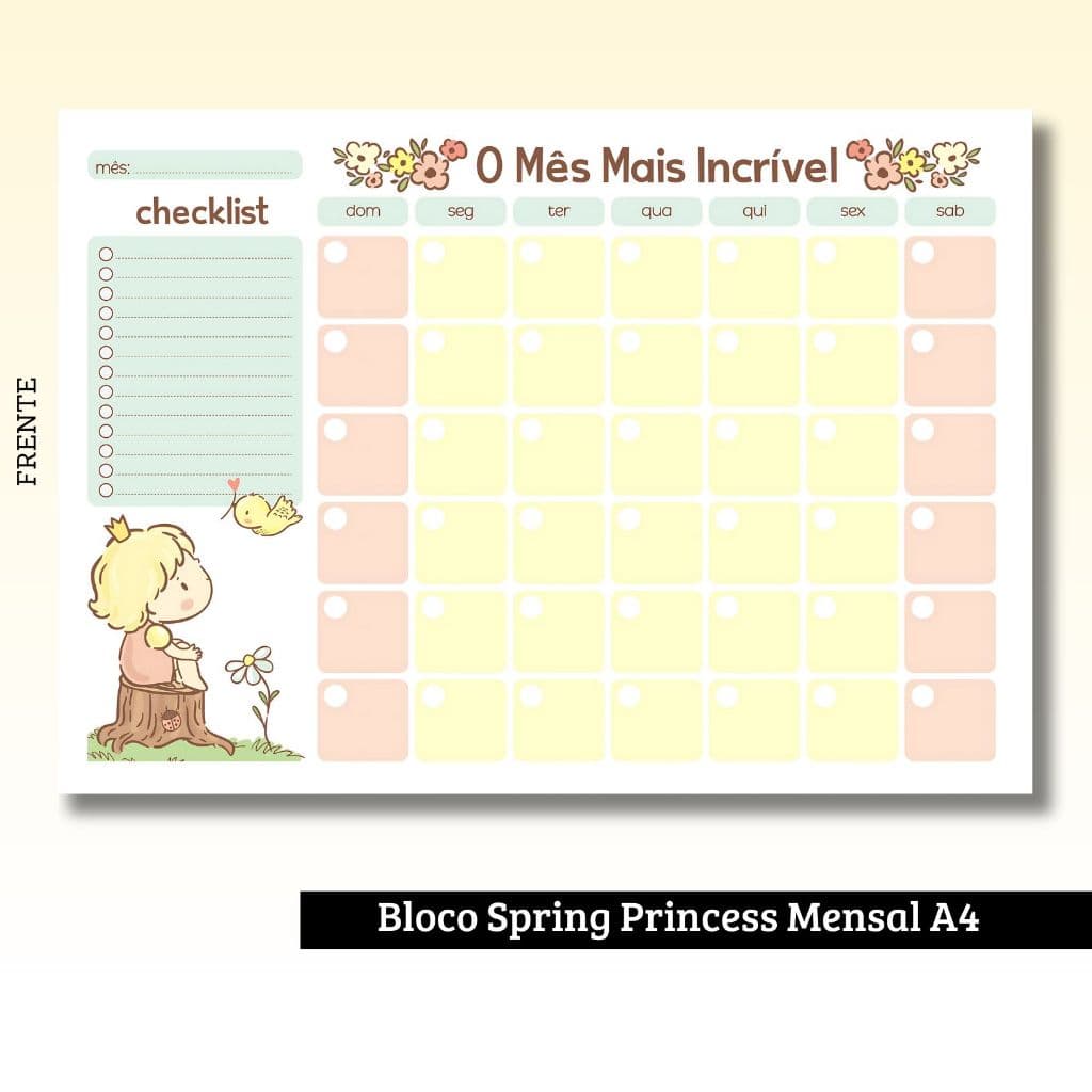 Bloco Spring Princess Mensal permanente (sem data) | Tamanho A4 e destacável !