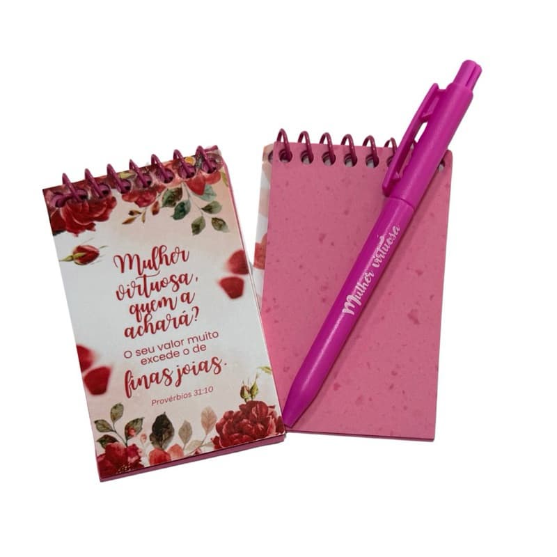 Bloquinho PEQ. com espiral mulher virtuosa com caneta-20 kits perfeitos para presentear as irmãs