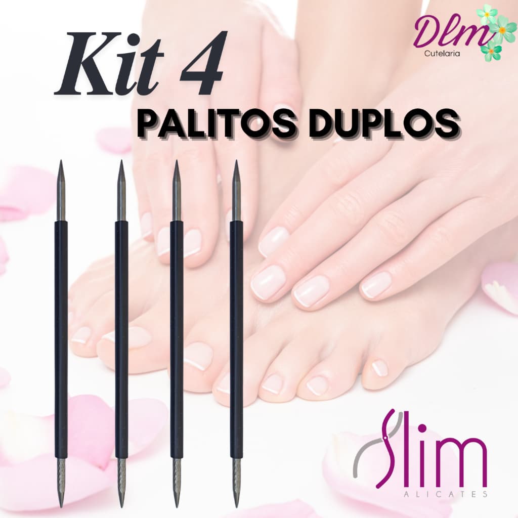 Kit com 4 Palito Duplo 105 Cutícula Manicure Pedicure Cutelaria Unha Preto Esterilizável Inox - Slim