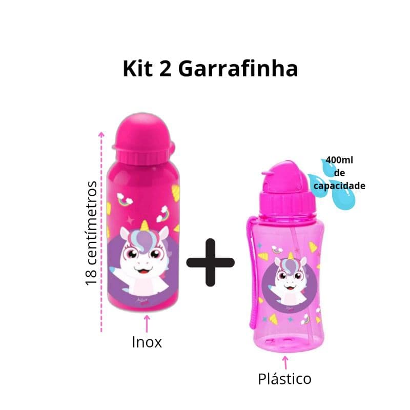 Kit Garrafinha Inox Infantil Squeeze Garrafa De Agua Canudo Plástico