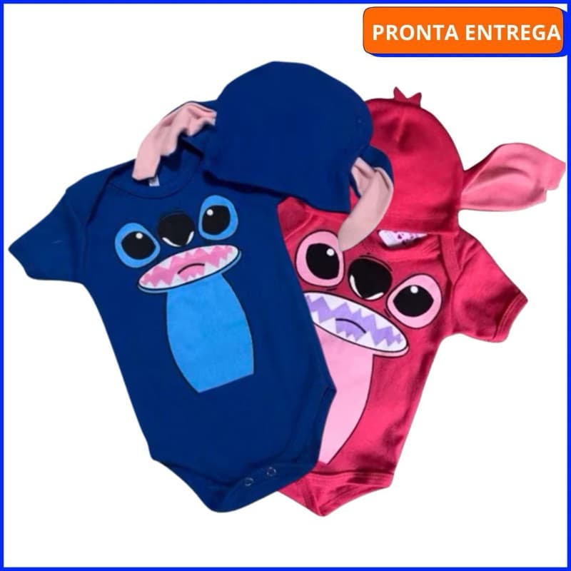 Body de Bebe Temático Stitch Angel Mêsversário Fantasia