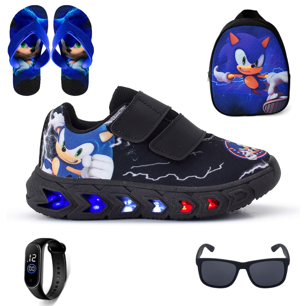 kit Tênis Masculino Infantil Led Meninos Sonic Velcro + Mochila + Chinelo + Óculos + Relógio Linkito