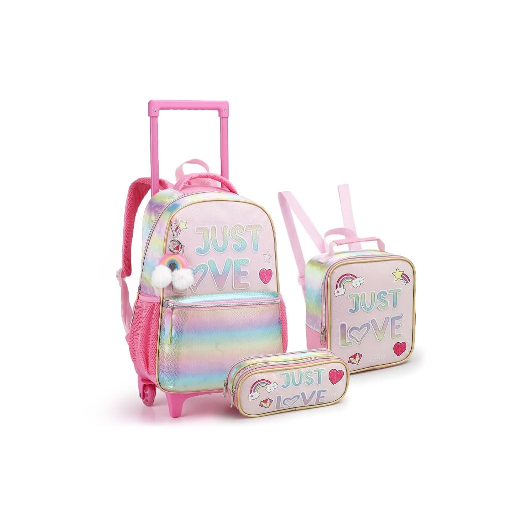 Kit Escolar 3 Peças Mochila Rodinhas Arco - Íris Rosa Just Love Menina Seatine  Super Oferta