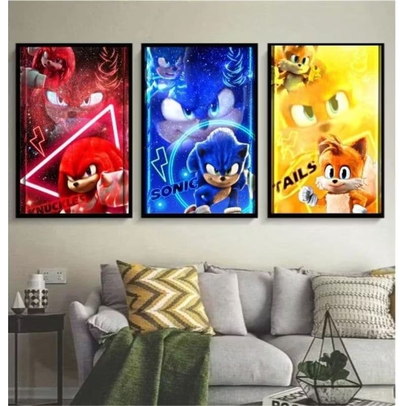 kit 3 peças Coleção Quadros Do filme impresso em mdf Sonic, Tails E Knuckles Imperdíveis quarto sala