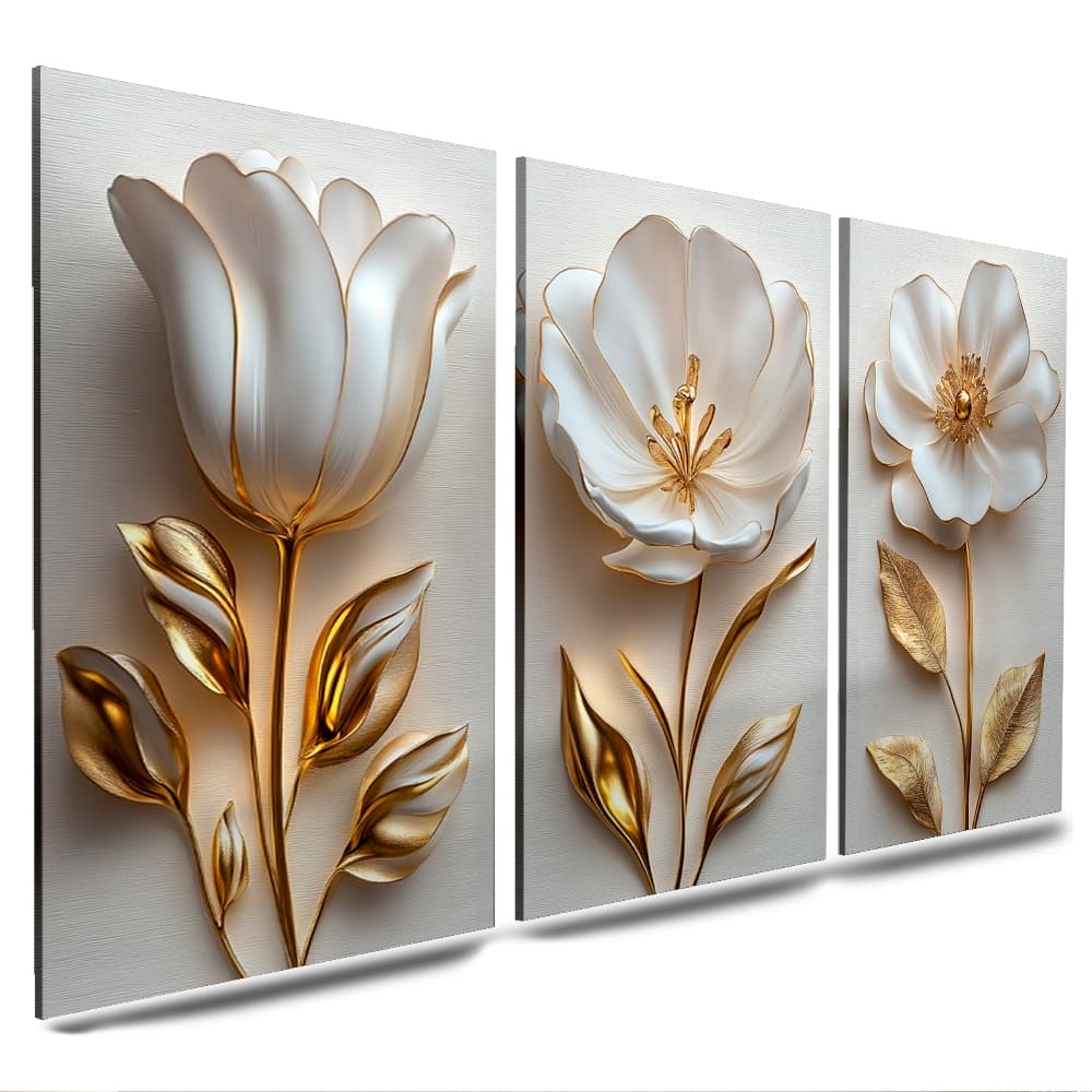 Quadros Flores Delicadas Brancas Brilhantes 3 Peças Fundo Branco Com Flores Douradas  120x60cm(T.B.)