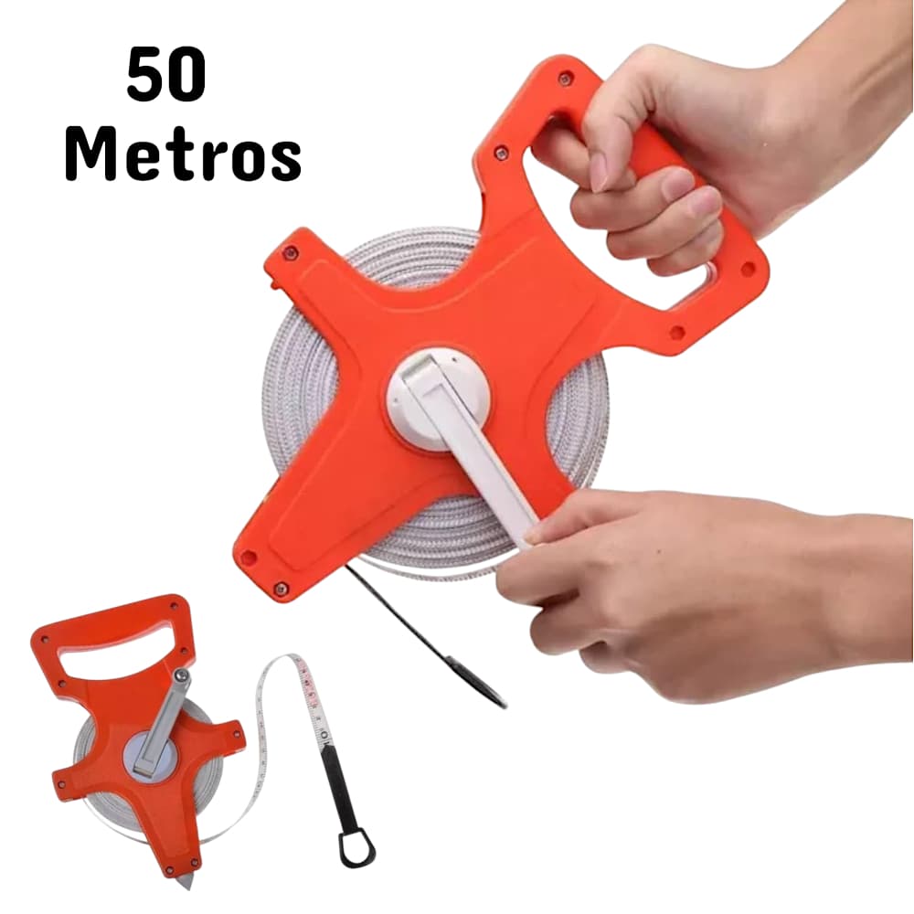 Trena Fita Métrica com Manivela 50 Metros 70% fibra de vidro Durável Carretel Aberto Ponta de Metal