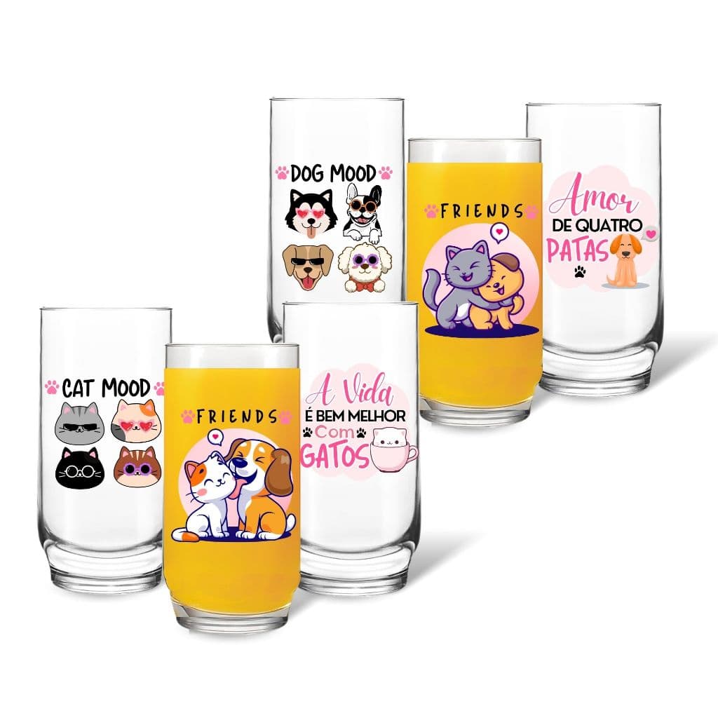 Jogo 6 Copos De Vidro Decorado 300ml Desenho Bichinhos Gato Cão Pets Animal De Estimação C/ Frase