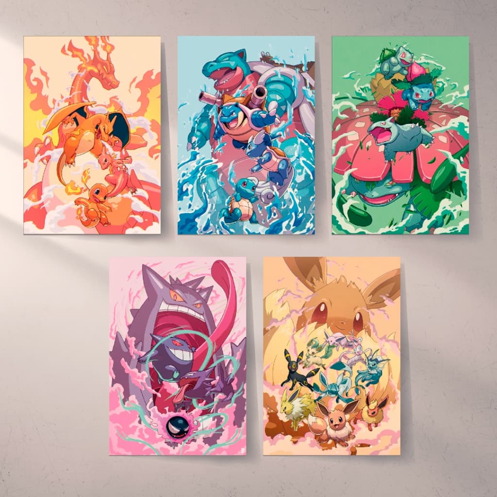 Kit 5 Quadros Decorativos 15X20 Pokemon Anime Placas Decorativas Pikachu Gengar Acompanha Dupla Face