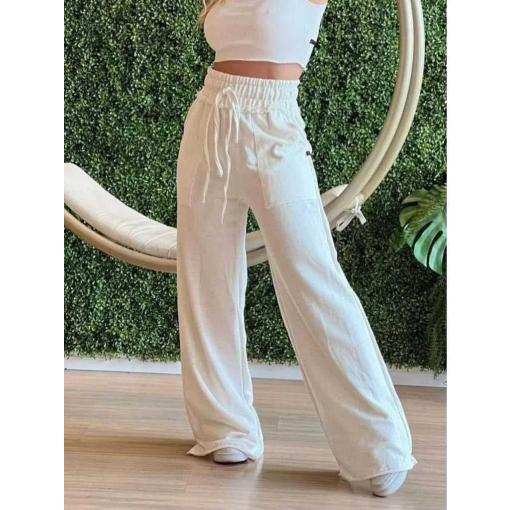 Calça Moletom Feminina Folgada Pantalona Cintura Alta Bolso Roupa Tendência Moda Outono Inverno