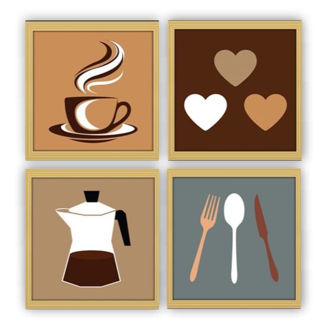 Quadro decorativo 4 peças cantinho do café bule xícara talher coração minimalista para cozinha copa
