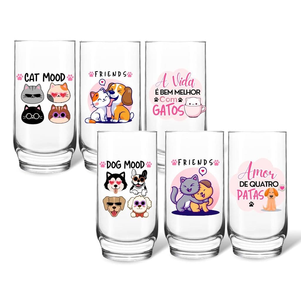 Jogo 6 Copos De Vidro Decorado 300ml Desenho Bichinhos Gato Cão Pets Animal De Estimação C/ Frase