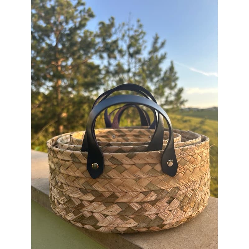 Kit 3 Cestos Cachipot de palha com alça couro preto para decoração