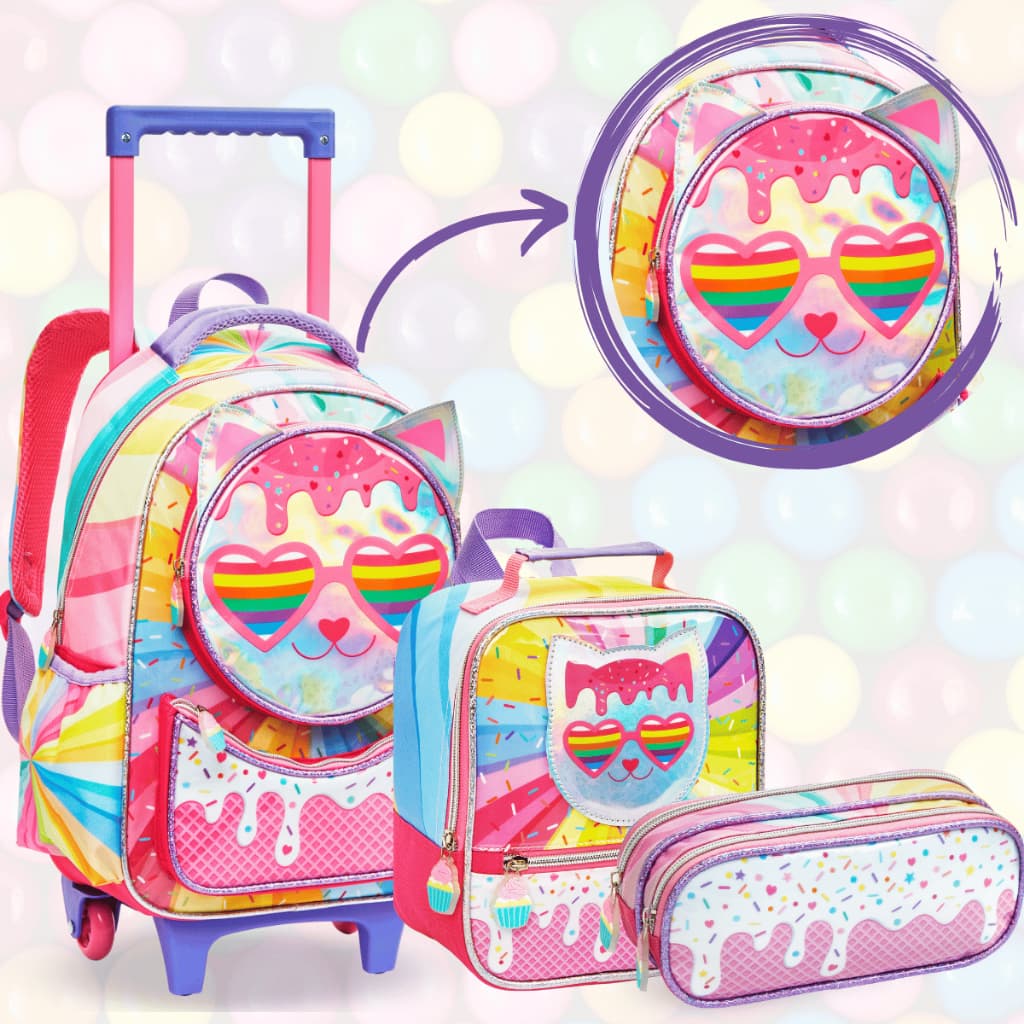 Kit Mochila Rodinha Menina Lancheira Princesa Unicórnio Estojo Escolar Feminina Infantil Carrinho