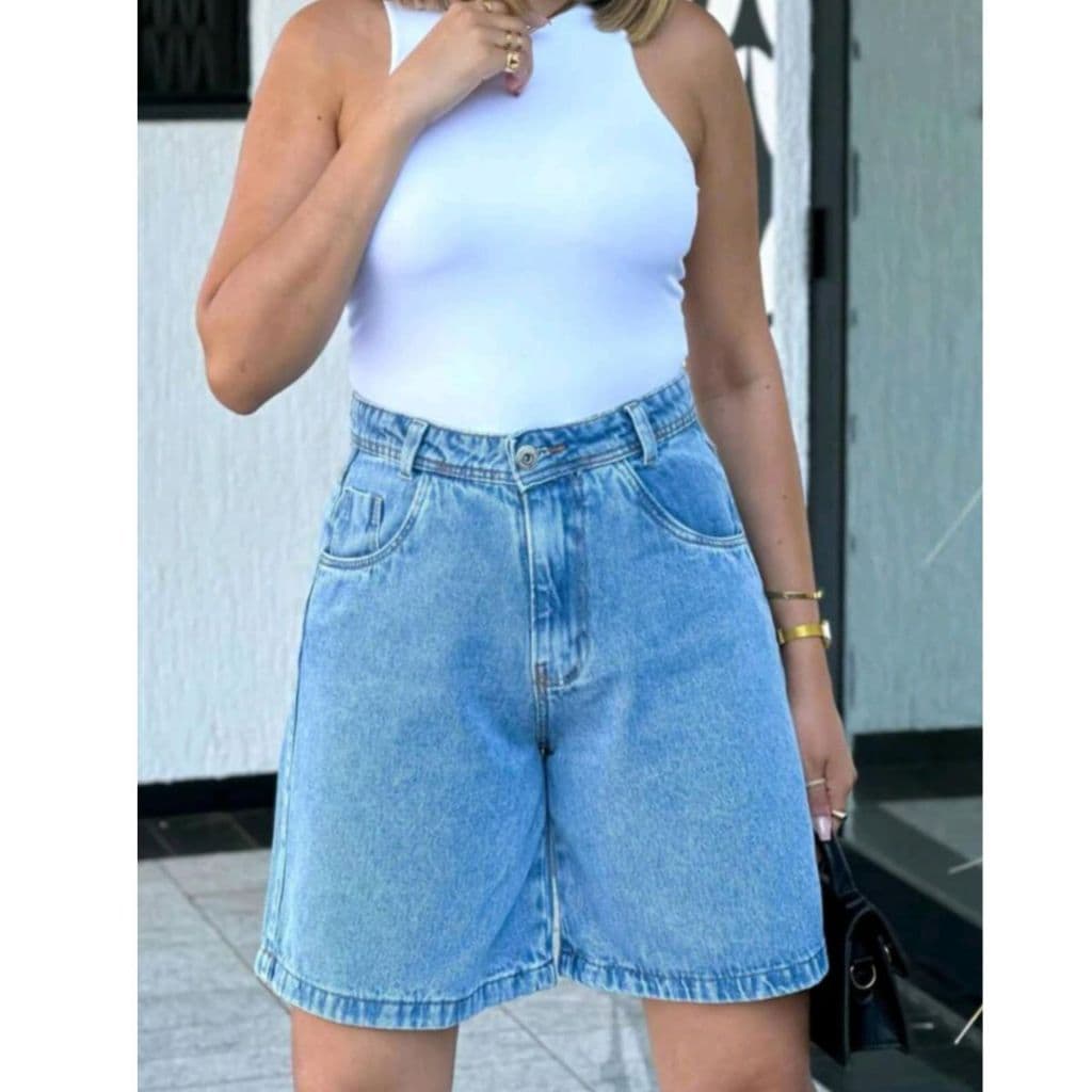 Short Bermuda Jeans Feminina Cor Lisa Sem Rasgo Com Bolsa Moda Evangélica