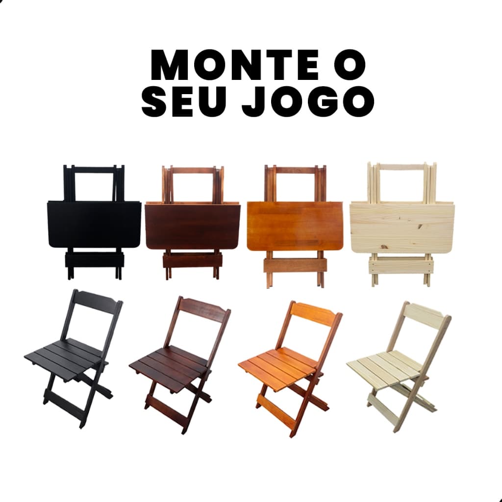Monte seu Jogo De Mesa Dobrável 70x70 C/ 2 ou 4 Cadeiras Madeira Maciça