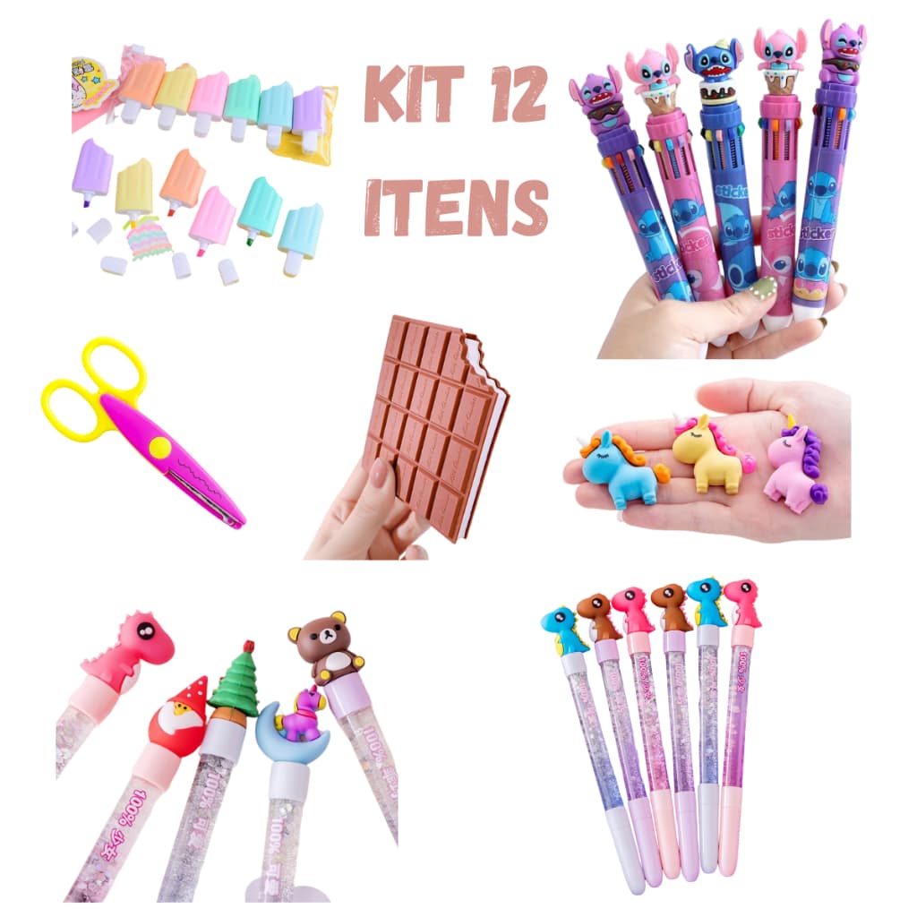 Kit Papelaria Fofa 12 Itens Kawaii Caneta Fofa Marca Texto Adesivos