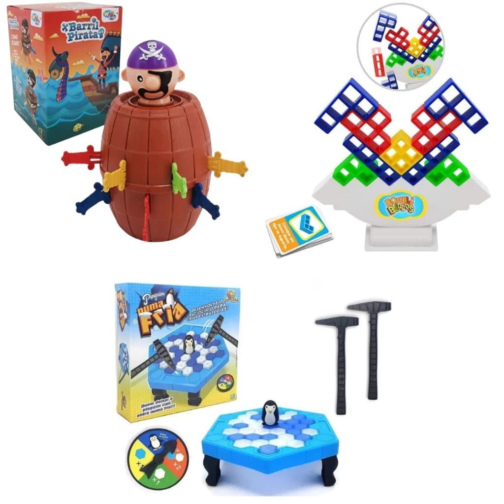 Vem com 3 super jogos interativos equilíbrio + pula pirata e+quebra gelo pinguim presente criança