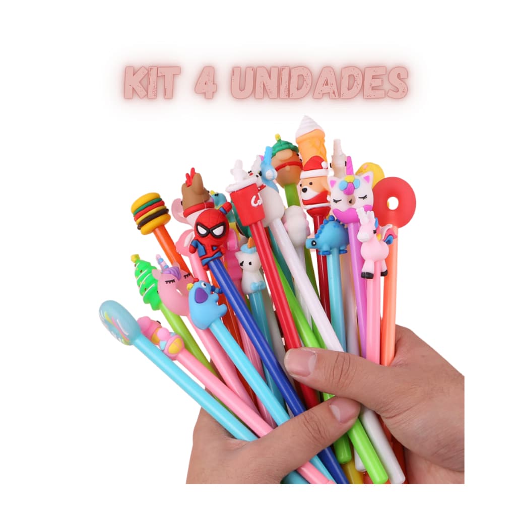 Kit 4 Canetas Fofas Papelaria Kawaii Itens  Super Fofos Infantil Personagem