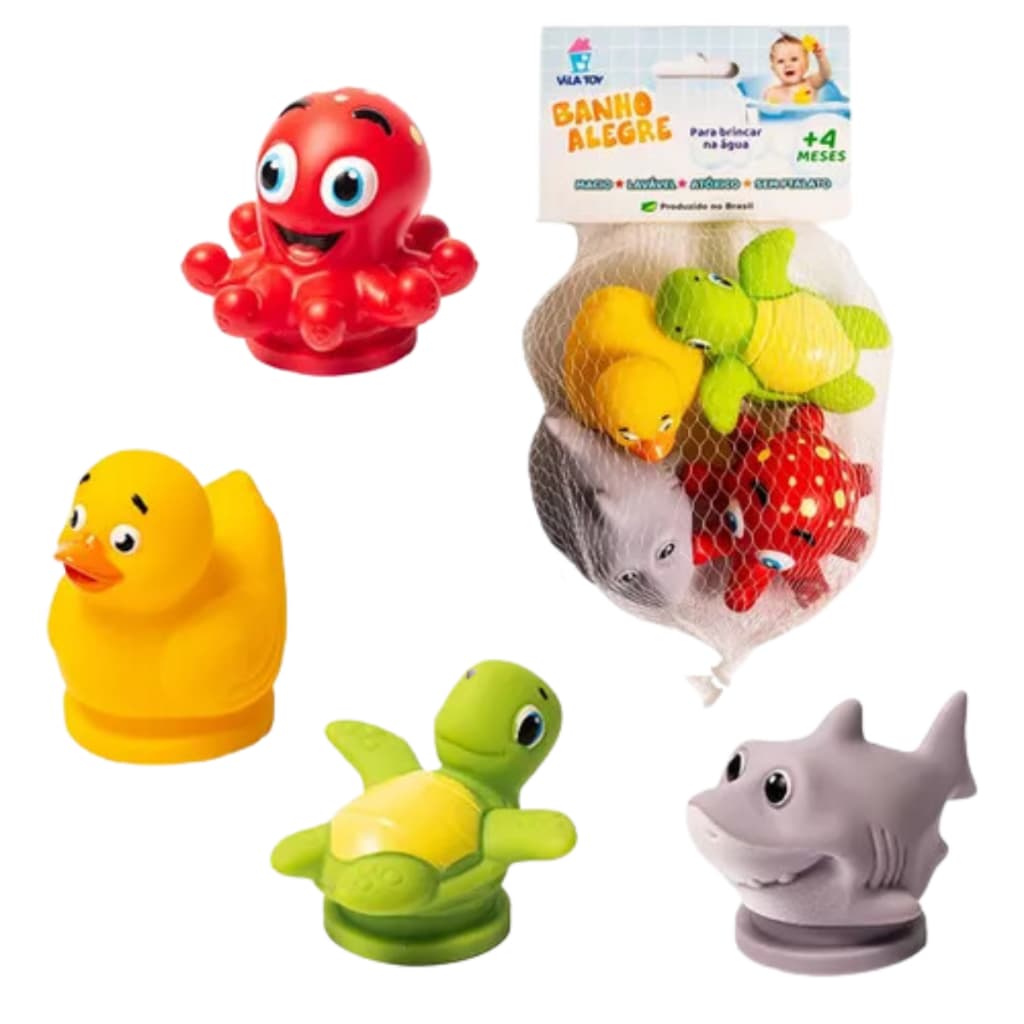 Kit Brinquedos Para Banho Infantil Divertidos Tartaruga Pato Polvo Tubarao Shark Vila Toy
