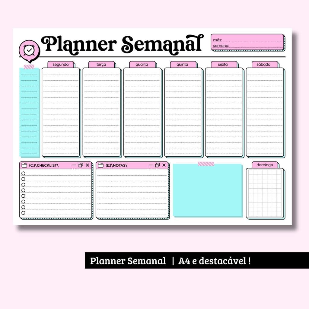 Bloco Planner  Semanal Permanente (não-datado) | Tamanho A4 e destacável !