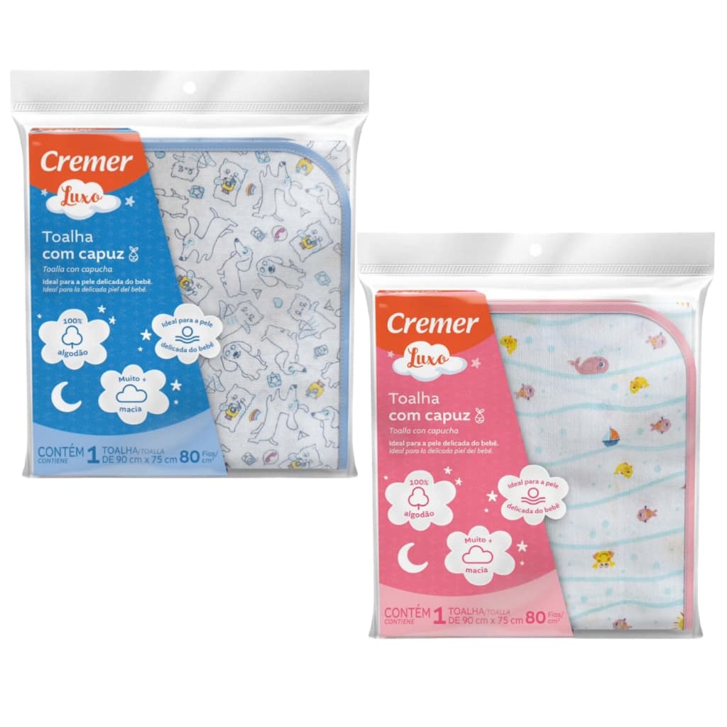 Toalha Fralda Luxo Com Capuz Cremer Azul/Rosa 90x75cm