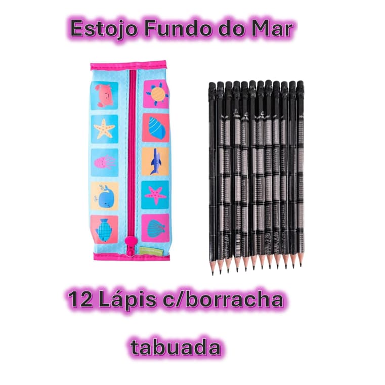 Kit Escolar Estojo Escolar c\ 12 lápis Tabuada c\ borracha, vários temas.