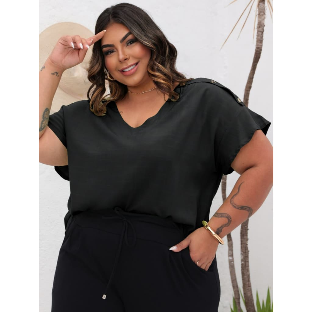 Blusa Feminina Plus Size Elegante Confortável Decote V Detalhe Ombro Tecido Duna Premium Presente