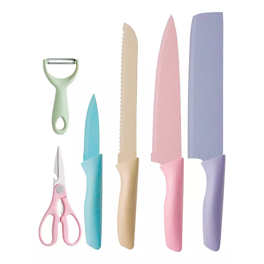 Kit Facas de Cozinha Coloridas Conjunto Tesoura Descascador Cozinha Gourmet 6 Peças Cutelo Culinário