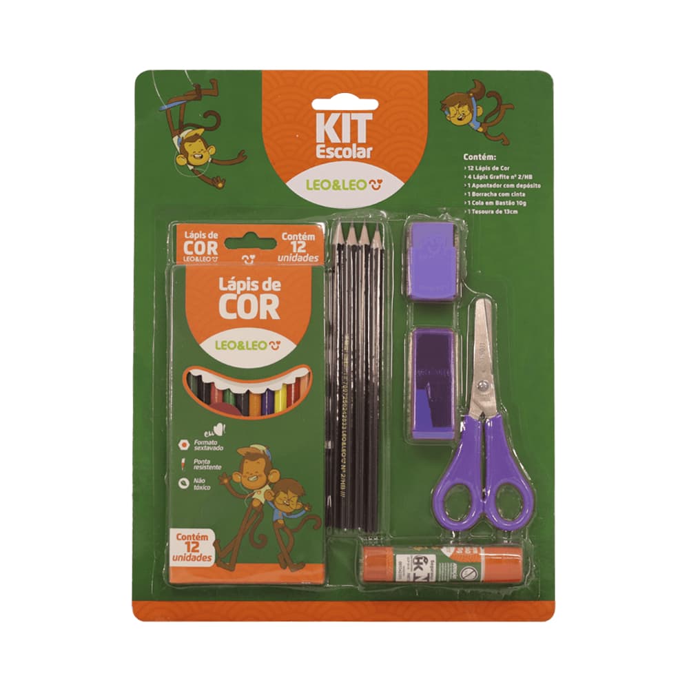 Kit Escolar 6 Peças - Lápis de Cor, Lápis 2/HB, Apontador, Borracha, Cola em Bastão, Tesoura